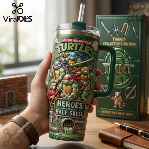 Teenage Mutant Ninja Turtles green stainless steel tumbler with handle, straw, and 3D textured character graphics.!