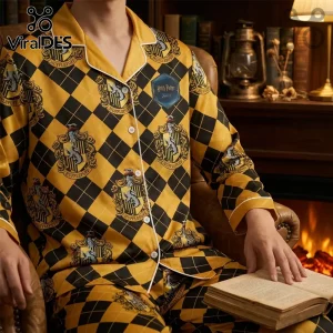 Hufflepuff print button-down pajama set in yellow and black diamond pattern with house crests and white piping.!
