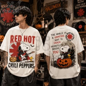 Red Hot Chili Peppers Snoopy Vampire Halloween T-Shirt featuring Snoopy playing guitar on front and lyrics on back.