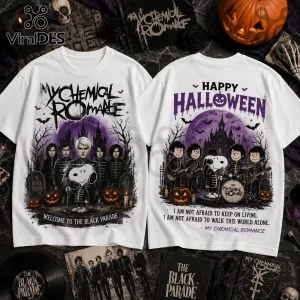 Snoopy x My Chemical Romance Black Parade T-Shirt featuring band members and Snoopy in costumes on a white cotton base.