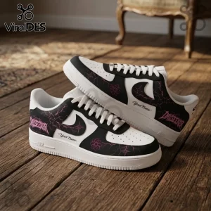 Dayseeker Neon Pulse Custom Nike Air Force 1 sneakers with black and white panels, pink lightning graphics, and logos.