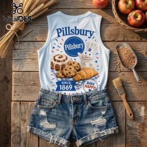 Pillsbury Doughboy Since 1869 V-Neck Tank Top featuring graphic print of the mascot, cookies, and croissant on white fabric.