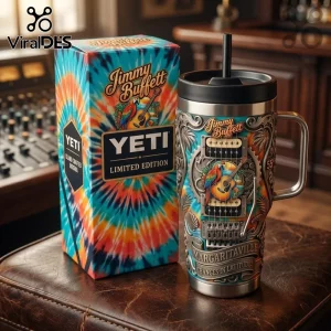Jimmy Buffett Tie Dye YETI Handle Tumbler featuring tropical parrot, acoustic guitar, and Margaritas branding.