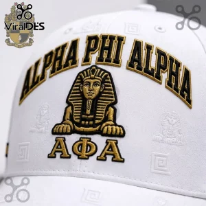Alpha Phi Alpha Sphinx Premium White Baseball Cap featuring gold and black embroidery of the Sphinx and AFA greek letters.