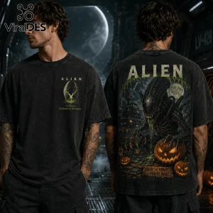 Alien Halloween Horror Pumpkin Acid Wash T-Shirt featuring a Xenomorph, carved pumpkins, and gothic horror imagery.