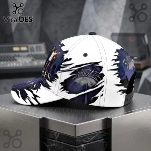 Eagles Band 50th Anniversary Greatest Hits baseball cap featuring a white background with shredded blue graphic designs.