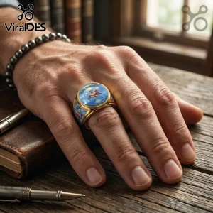Iron Maiden Seventh Son of a Seventh Son gold engraved ring featuring album art imagery on a male hand.