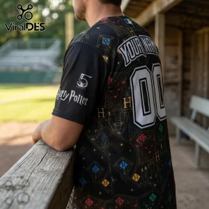 Toledo Mud Hens x Harry Potter black baseball jersey with wizarding patterns, personalized name, and number on back.