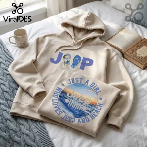 Beige cotton hoodie with Jeep branding featuring flip-flop graphics and a circular ocean sunset design on a bed.!