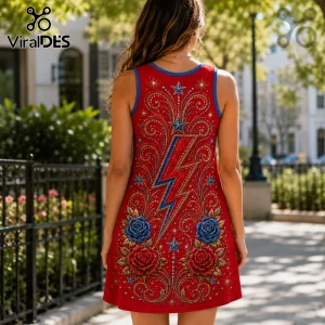 Woman wearing red sleeveless dress featuring a blue lightning bolt, roses, and gold filigree patterns against city park.!