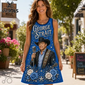 Woman wearing royal blue A-line dress featuring George Strait portrait, cowboy hat, microphone, and white roses.!