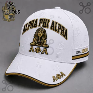 Alpha Phi Alpha Sphinx Premium White Baseball Cap with gold embroidery, featuring the sphinx emblem and 1906 detailing.