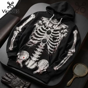 Art The Clown Horror Skeleton Black Hoodie featuring a white ribcage print, neck ruffles, and blood-splatter detailing.
