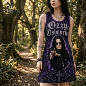 Woman wearing purple tank dress with Ozzy Osbourne graphic, silver gothic text, and roses in a forest background.!