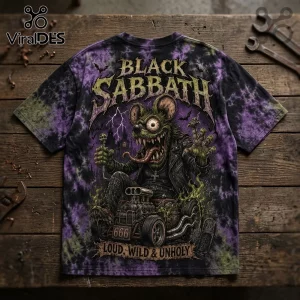 Black Sabbath graphic t-shirt with purple and black tie-dye featuring a rat driving a hot rod on a wooden table.!