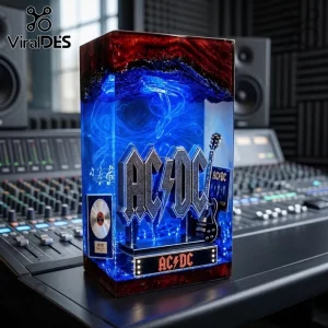 AC/DC resin display block featuring a silver logo, guitar miniature, and record disc encased in blue and red epoxy.!