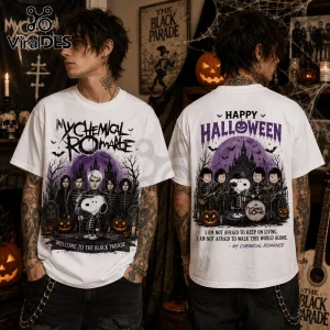 Snoopy x My Chemical Romance Black Parade T-Shirt featuring band members and Snoopy in marching band uniforms at night.