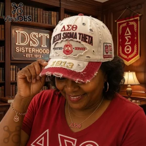 Distressed cream and crimson Delta Sigma Theta baseball cap with 1913 embroidery and sorority crest on a woman.!