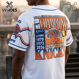 White New York Knicks baseball jersey with back graphic featuring 1970, 1973, and 2026 championship text and logos.!