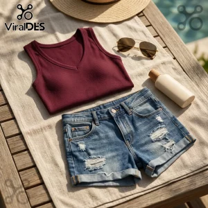 Dr Pepper 141st Anniversary V-Neck Tank Top in deep maroon ribbed fabric next to denim shorts on a beach towel.
