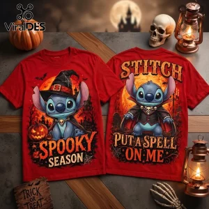 Stitch Halloween Witch Hat Vampire Red T-Shirt featuring cartoon blue alien in costumes with pumpkin and full moon art.