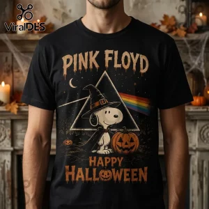 Snoopy Pink Floyd Dark Side of the Moon Halloween T-Shirt on a black crew neck tee with witch Snoopy and jack-o-lantern.