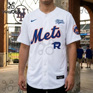 White New York Mets baseball jersey featuring blue and orange Mets script, Fuerza Regida text, and a Nike logo.!