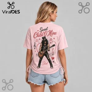 Guns N Roses Sweet Child O Mine pink lace-up jersey featuring a Slash illustration and musical notes graphic on back.