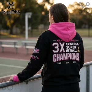 Back view of a person wearing a black hoodie with pink lining, featuring Adelaide Thunderbirds 3x Champions 2023-2026 text.!