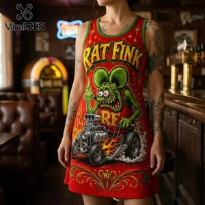 Red tank dress featuring Rat Fink character driving a hot rod, yellow text, and green trim on a person in a bar setting.!
