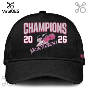 Black baseball cap featuring white and pink text reading CHAMPIONS 2026 and an Adelaide Thunderbirds logo.!