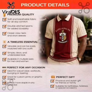 Kappa Alpha Psi polo shirt featuring a cream body, maroon center panel, crest logo, and 1911 embroidery on the sleeve.!