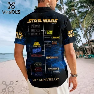 Black Star Wars button-down shirt featuring a space-themed timeline of movie titles and series on a beach background.!