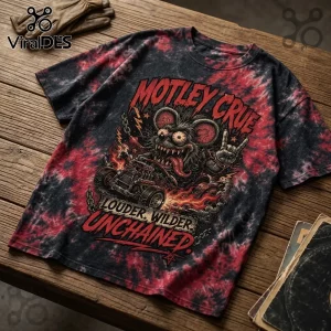 Motley Crue graphic t-shirt with red and black tie-dye pattern, featuring a cartoon rat driving a hot rod car.!