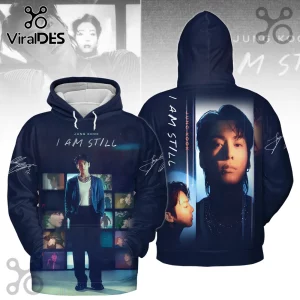 Jungkook I Am Still navy blue hoodie featuring graphic portraits and film stills from the documentary on front and back.