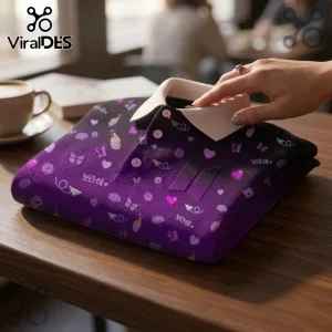 BTS Purple Pattern Personalized Polo Shirt featuring icons, heart symbols, and Korean text on a folded dark purple fabric.