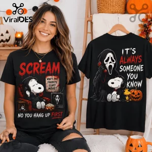 Snoopy x Scream Halloween Black T-Shirt 2026 featuring Snoopy as Ghostface on a black cotton tee with horror movie text.