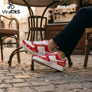 Scuderia Ferrari Formula 1 Custom Nike Air Force 1 Sneakers in red and white leather with Italian flag details.