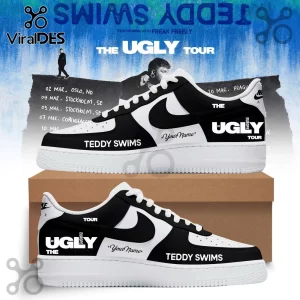 Teddy Swims The Ugly Tour 2026 Air Force 1 Sneakers featuring custom black and white leather graphics and tour date text.