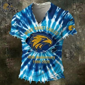West Coast Eagles 40th anniversary v-neck t-shirt with blue and white tie-dye print and distressed fabric edges.!