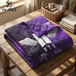 BTS Purple Galaxy Wings 3-Piece Bedding Set featuring white angel wings, member signatures, and the BTS logo on purple.