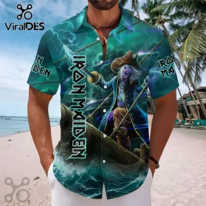 Iron Maiden button-down shirt featuring Eddie the Head as a pirate on a ship deck with turquoise lightning background.!