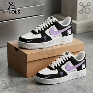 Golden State Valkyries Hello Kitty Custom Nike Air Force 1 shoes with black, white, and lavender color blocking.
