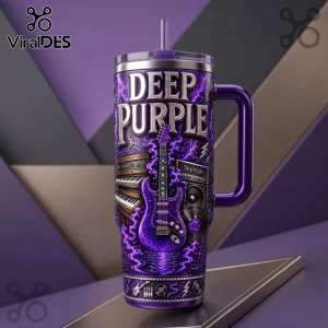 Deep Purple Rock Band Purple 40oz Stanley Tumbler featuring electric guitar, keyboard graphics, and neon violet lightning.
