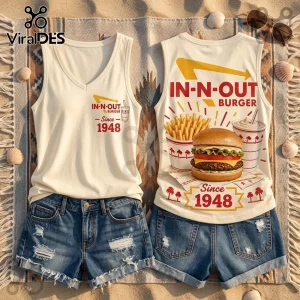 In-N-Out Burger Vintage 1948 Logo V-Neck Tank Top showing front and back views with food graphics on cream fabric.