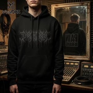 Black cotton hoodie featuring grey death metal logo on chest and Pain Remains text reflected in a vintage mirror.!