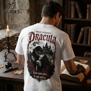 Bram Stoker's Dracula Gothic Romance White T-Shirt featuring a vampire couple, a dark castle, and text on the back.