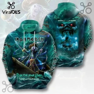 Iron Maiden Run For Your Lives 2026 hoodie featuring Eddie the mascot as a pirate on a ship in teal and blue tones.!