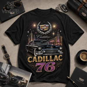 Black cotton t-shirt featuring a vintage Cadillac car, gold Cadillac lettering, and the number 76 under fireworks.!