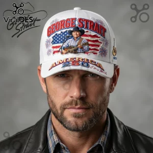 George Strait America 250 White Baseball Cap featuring a country singer graphic, American flag, and fireworks print.